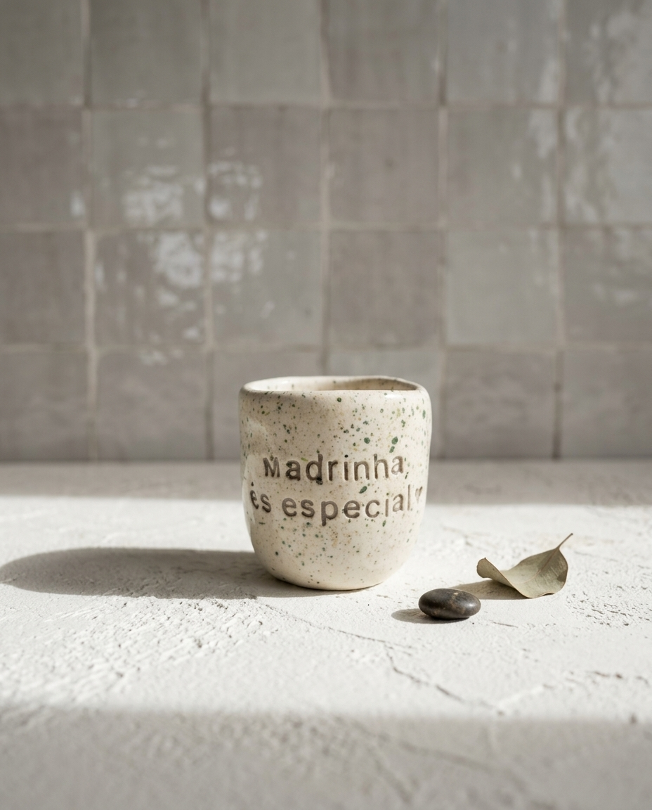 Copo de cerâmica artesanal modelo Inês, cor creme com salpicados verde musgo. Ao centro, a frase "Madrinha, és especial!" gravada em baixo relevo com cor escura, sobre uma superfície texturizada.