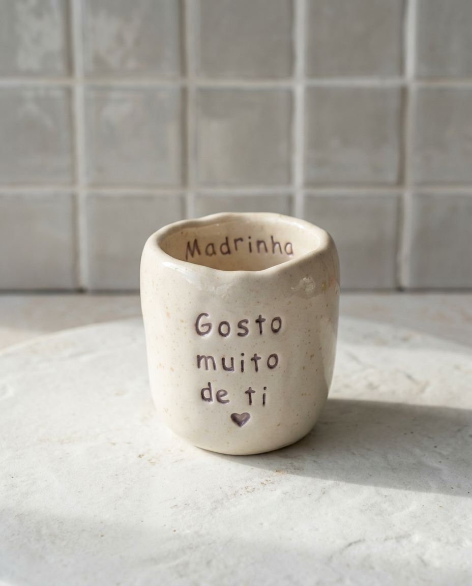 Copo de cerâmica artesanal modelo Inês, cor creme com salpicados ocre. Ao centro, a frase "Gosto muito de ti" gravada em baixo relevo com cor escura, sobre uma superfície texturizada.