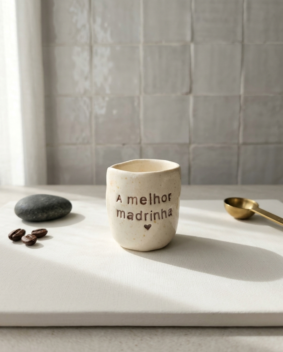 Copo de cerâmica artesanal modelo Inês, cor creme com salpicados ocre. Ao centro, a frase "A melhor madrinha" gravada em baixo relevo com um pequeno coração, fotografado com grãos de café e colher.