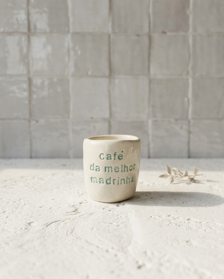Copo de cerâmica artesanal modelo Inês, cor creme com salpicados verde menta. Ao centro, a frase "Café da melhor madrinha" gravada em baixo relevo na cor verde.