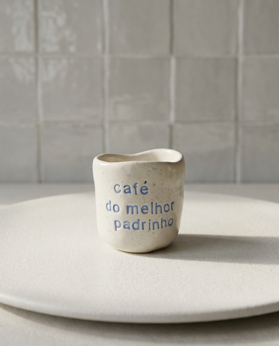 Copo de café artesanal modelo Inês, em cerâmica clara com salpicados azul suave. Ao centro, a frase gravada "café do melhor padrinho", fotografado sobre um prato de textura mate.