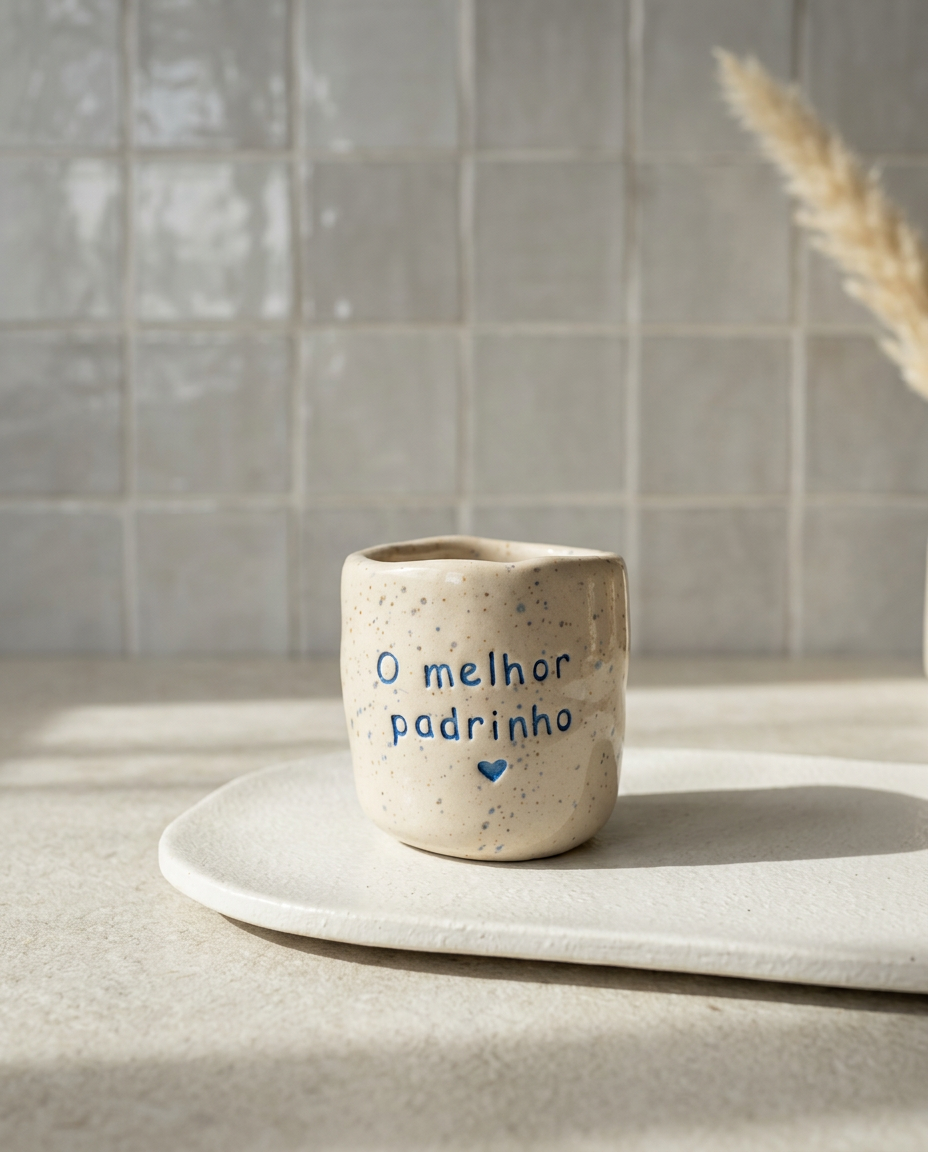 Copo de café artesanal modelo Inês, em cerâmica clara com salpicados azul intenso. Ao centro, a frase gravada "o melhor padrinho" com um pequeno coração, fotografado sobre uma superfície minimalista.