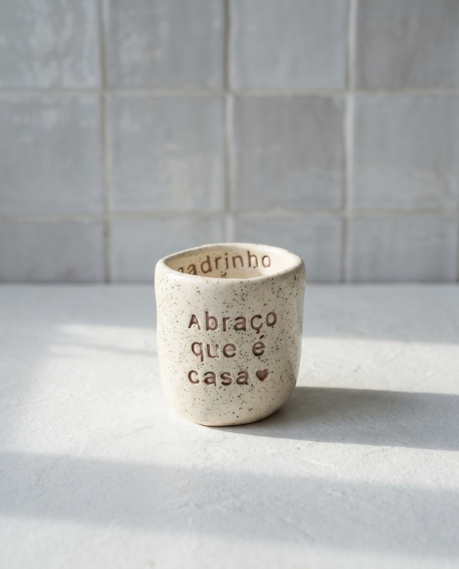 Copo de cerâmica artesanal modelo Inês, cor creme com salpicados verdes. Apresenta a frase "Abraço que é casa" gravada no exterior e a palavra "Padrinho" no rebordo interior.