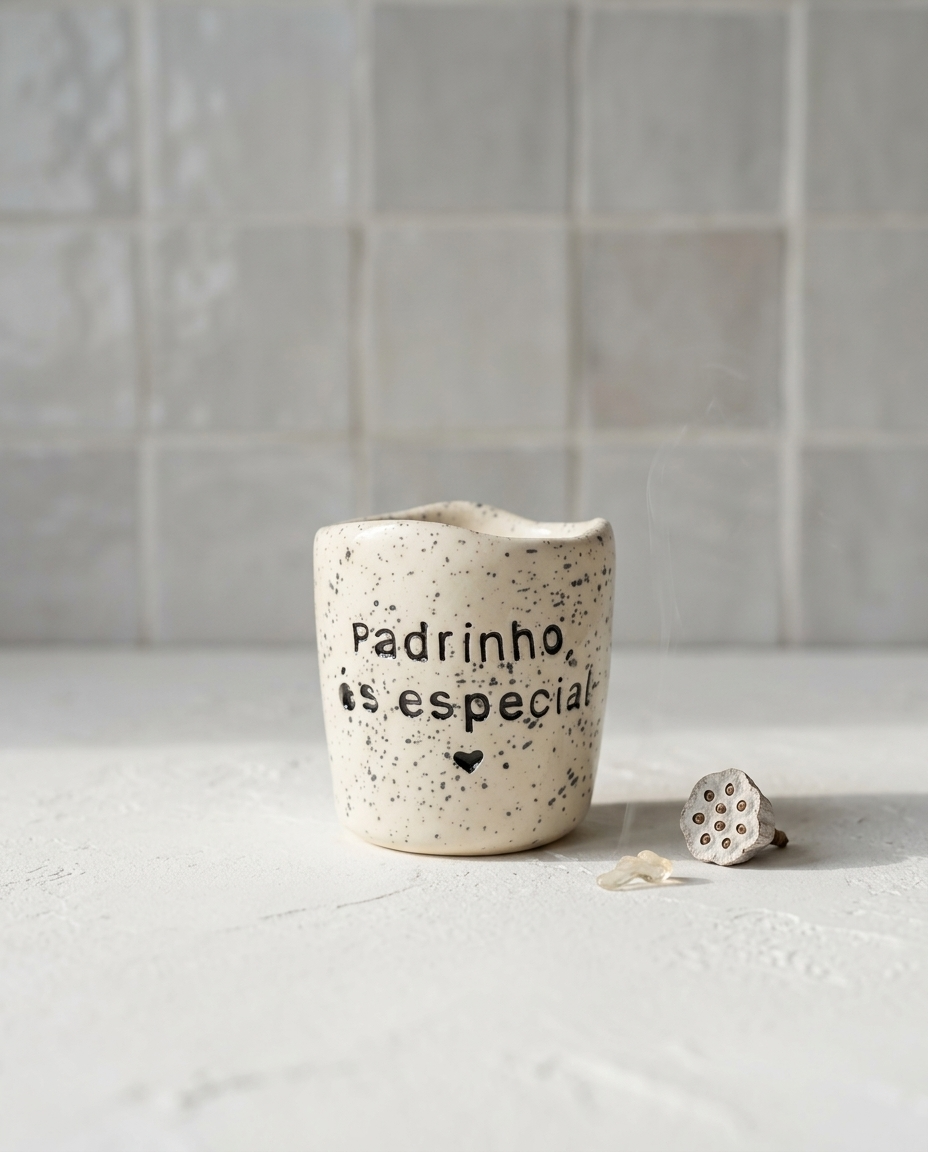 Copo de cerâmica artesanal modelo Inês, cor creme com salpicados esuros. Ao centro, a frase "Padrinho, és especial" gravada em baixo relevo com um pequeno coração, fotografado com luz natural.