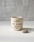 Copo de café artesanal modelo Inês, gravado com a frase "Café do super pai".