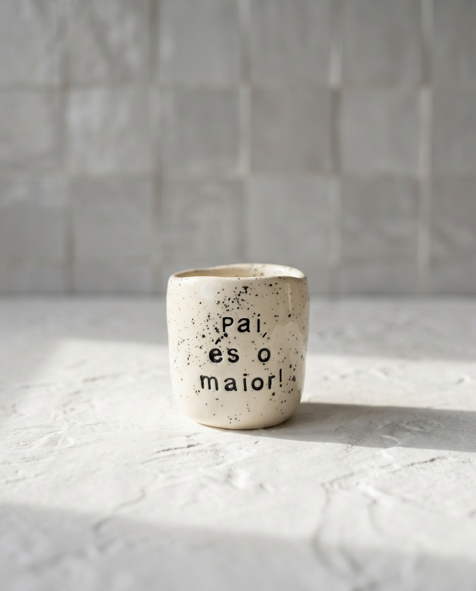 Copo de café pequeno em cerâmica artesanal com salpicado azul e a frase "Pai, és o maior!" gravada, modelo Inês da Tia Cila.