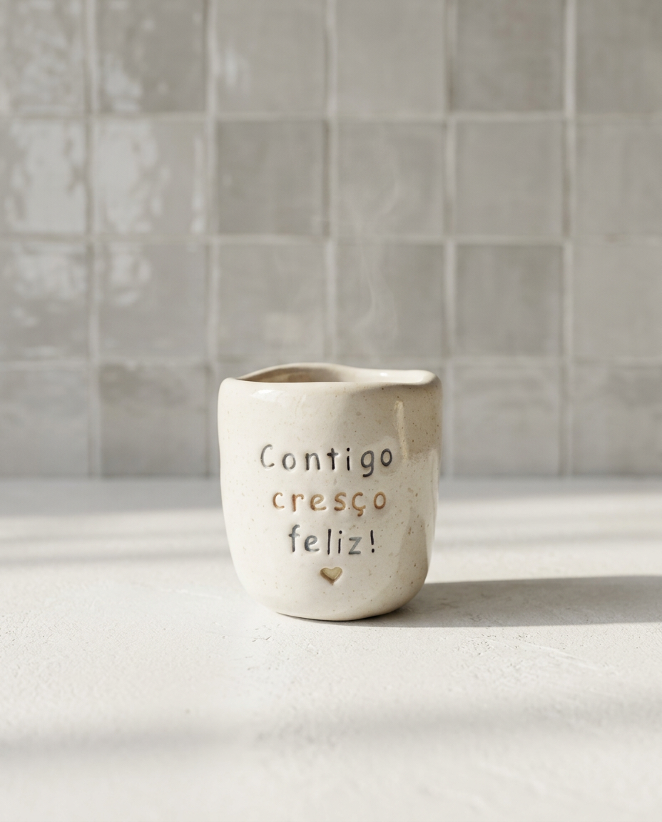 Copo Inês de cerâmica salpicada turquesa e amarelo pastel com frase "Contigo cresço feliz! ♡" gravada à mão, Tiacila
