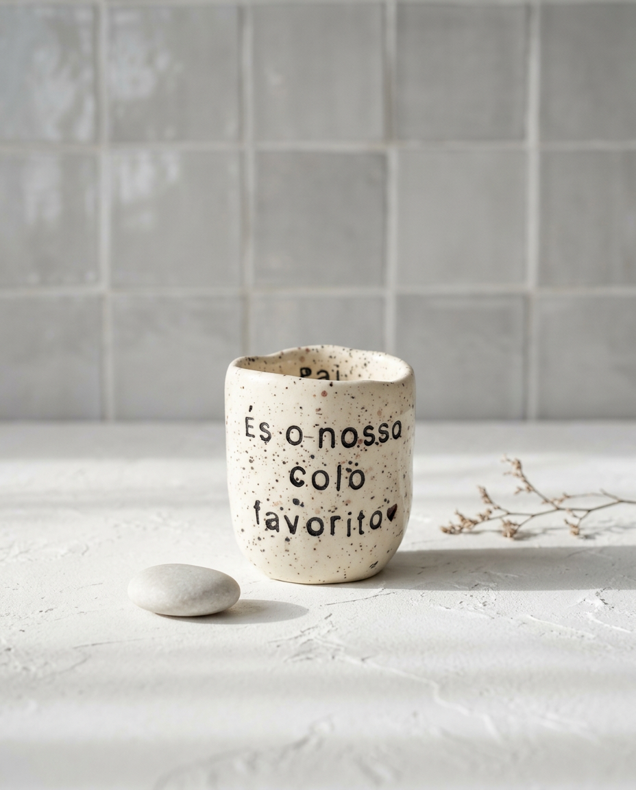 Copo de café artesanal modelo Inês, gravado com a frase "És o nosso colo favorito".