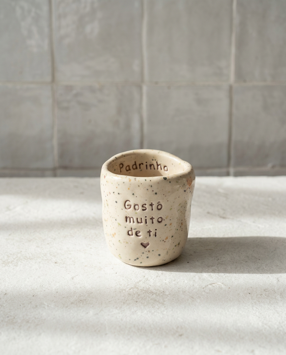 Copo de cerâmica artesanal modelo Inês, cor creme com salpicados escuros. Apresenta a frase "Gosto muito de ti" gravada no exterior e a palavra "Padrinho" no rebordo interior, sobre uma base de pedra.