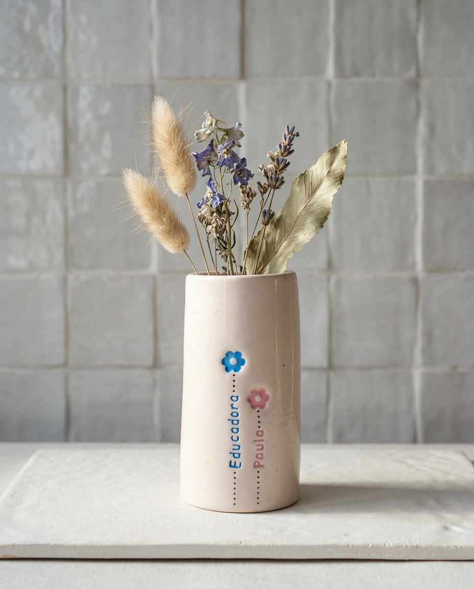 jarra pequena de ceramica artesanal branca salpicada com flores pintadas e mensagem personalizada super mama flavia com flores secas marca tia cila