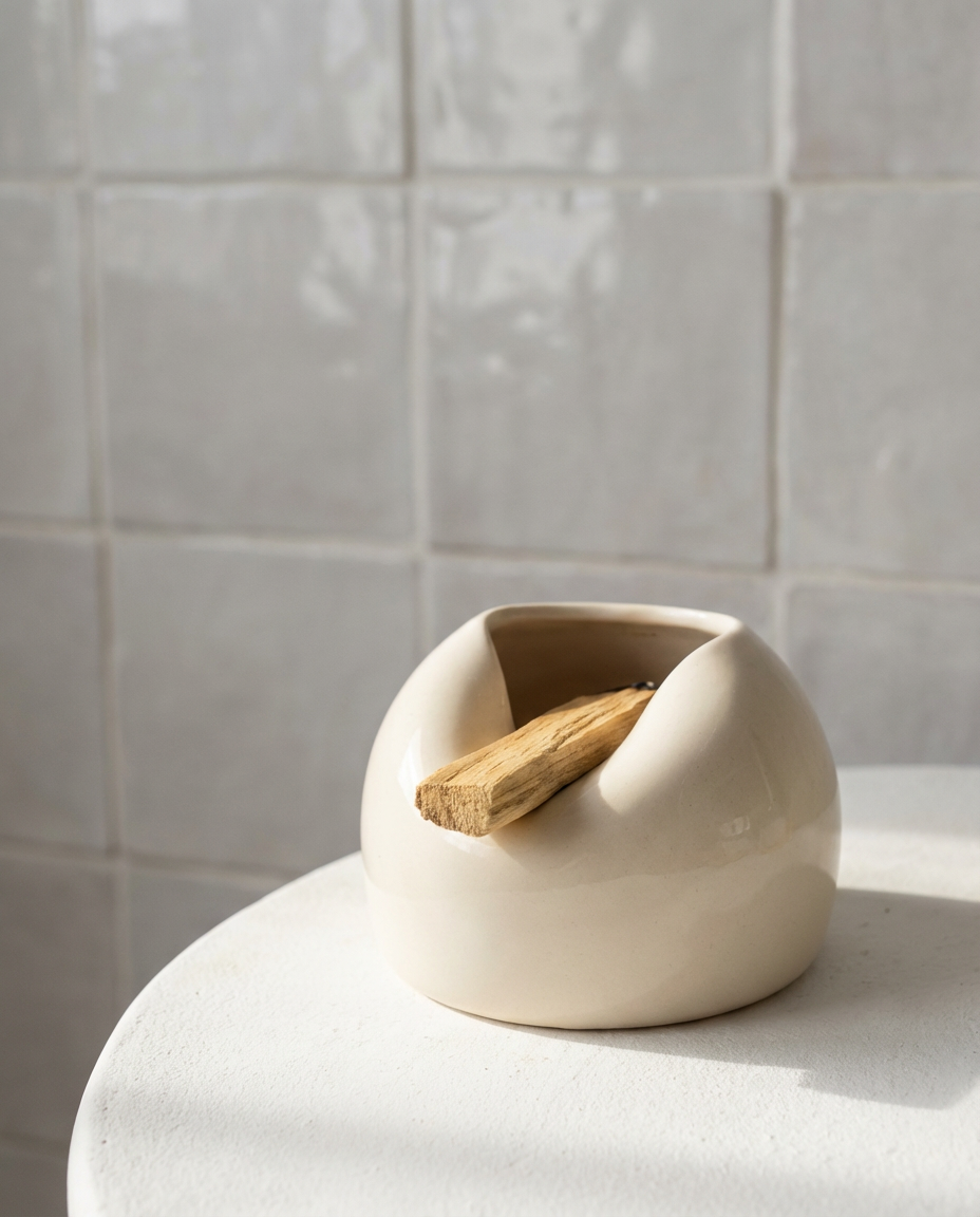 Dois queimadores de Pau Santo em cerâmica artesanal, um liso e outro salpicado, com paus de incenso natural a fumegar_2