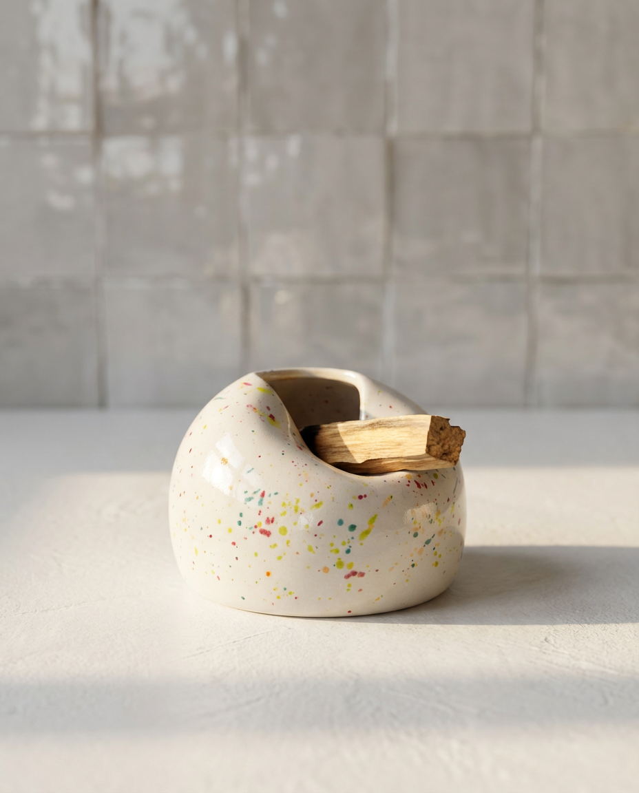 Dois queimadores de Pau Santo em cerâmica artesanal, um liso e outro salpicado, com paus de incenso natural a fumegar_2